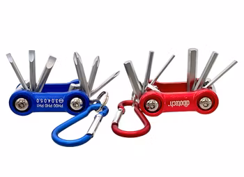Mini Multiverktyg med karbinhake (röd & blå)