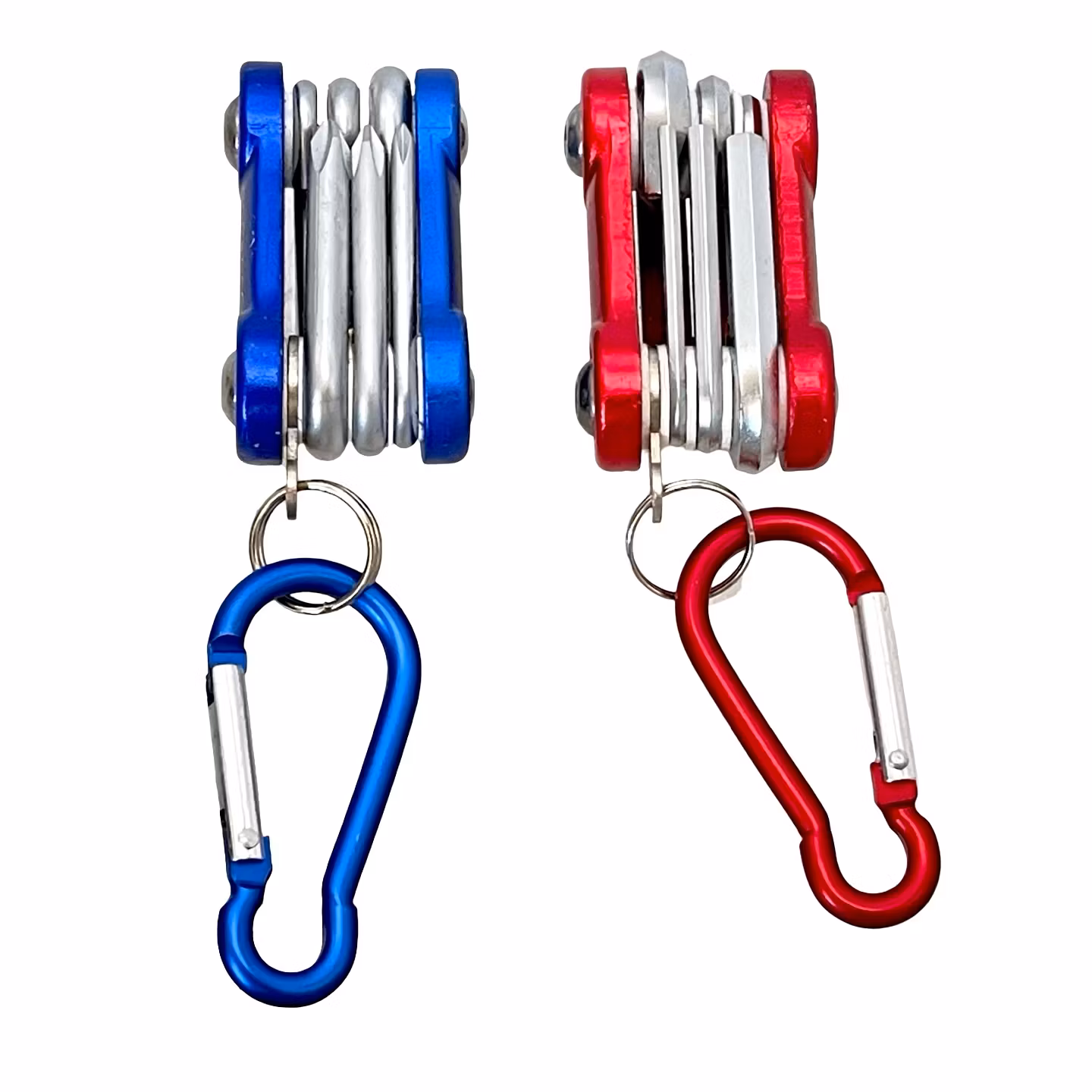 Mini Multiverktyg med karbinhake (röd & blå)