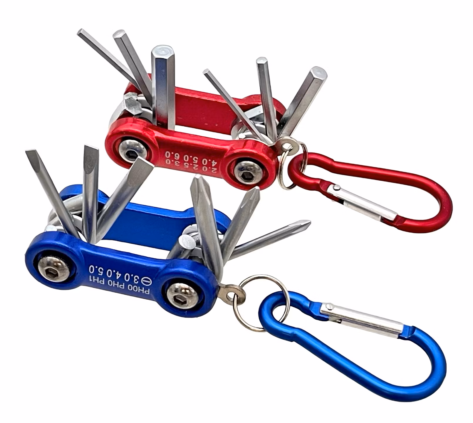 Mini Multiverktyg med karbinhake (röd & blå)