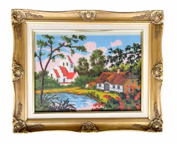 3 stk. håndbroderede malerier i guldfarvede rammer med antirefleksglas - Smukke landskabsmotiver