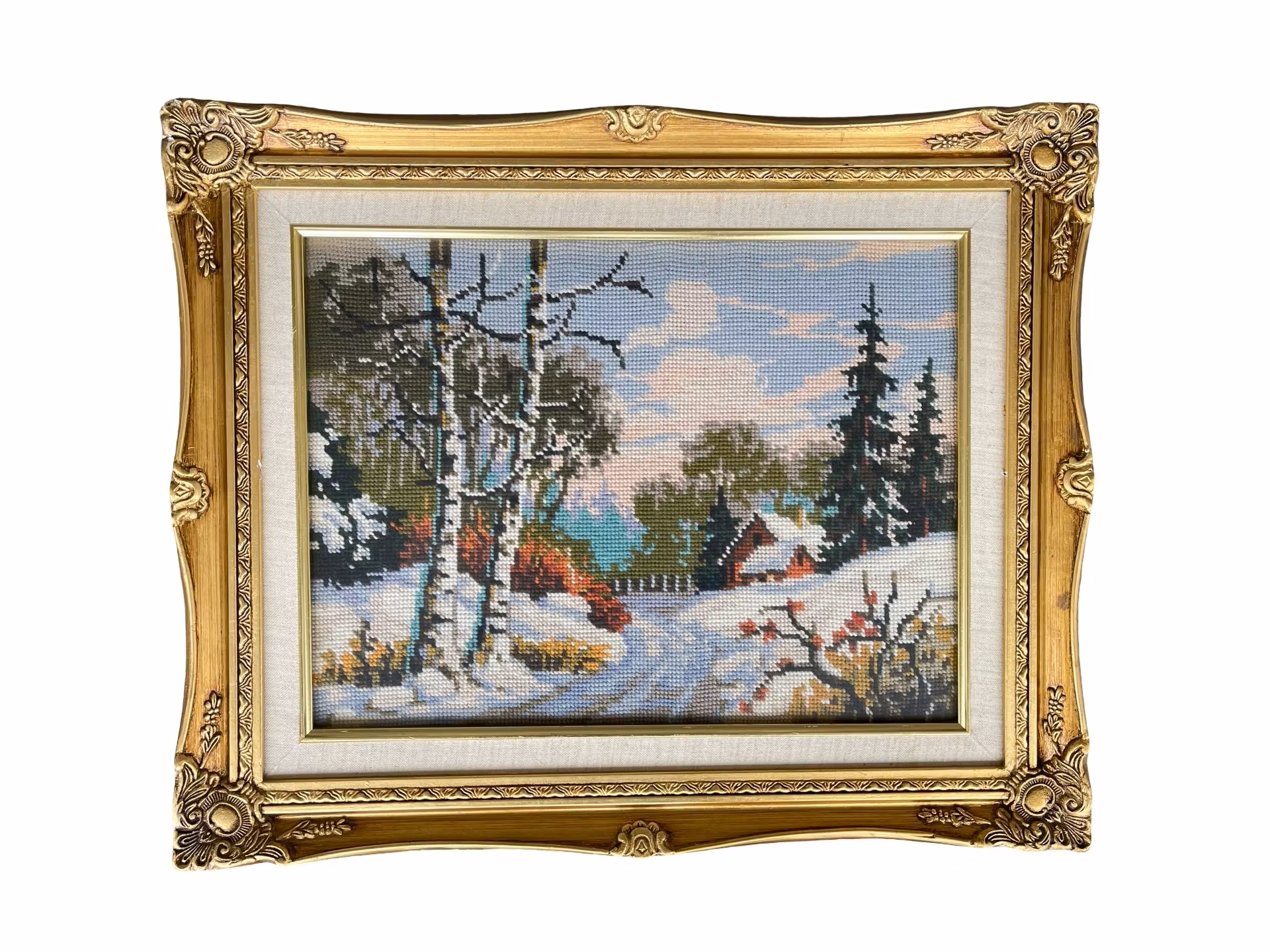 3 st Handbroderade tavlor i guldfärgade ramar med Antireflexglas - Vackra landskapsmotiv