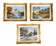 3 stk håndbroderte malerier i gullfargede rammer - Vakre landskapsmotiver