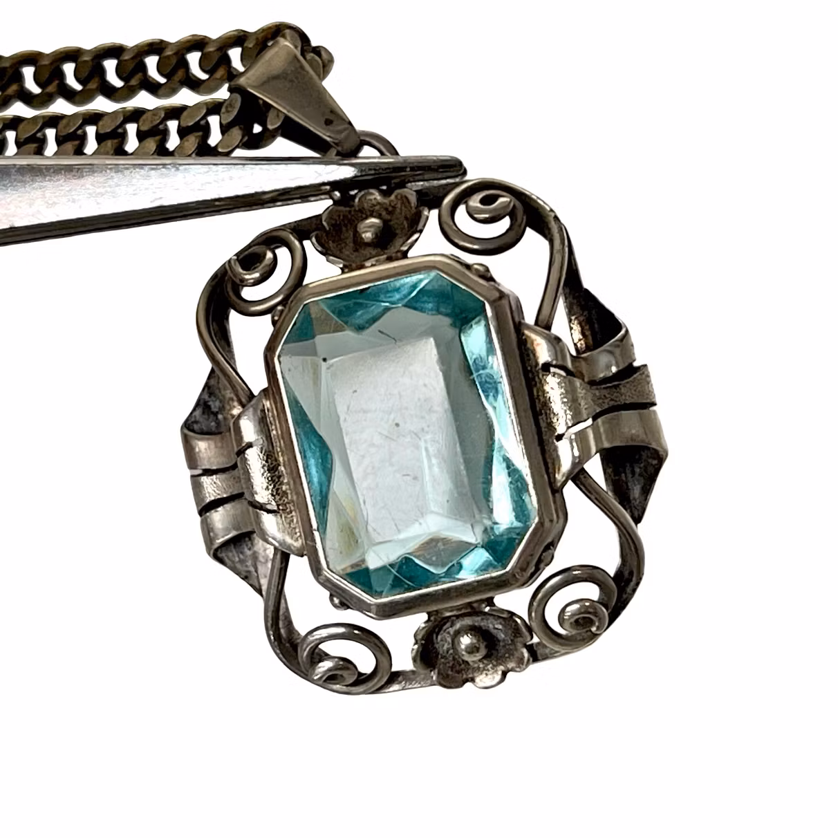 Naszyjnik vintage ze srebra próby 835 z niebieskim kamieniem, styl Art Deco