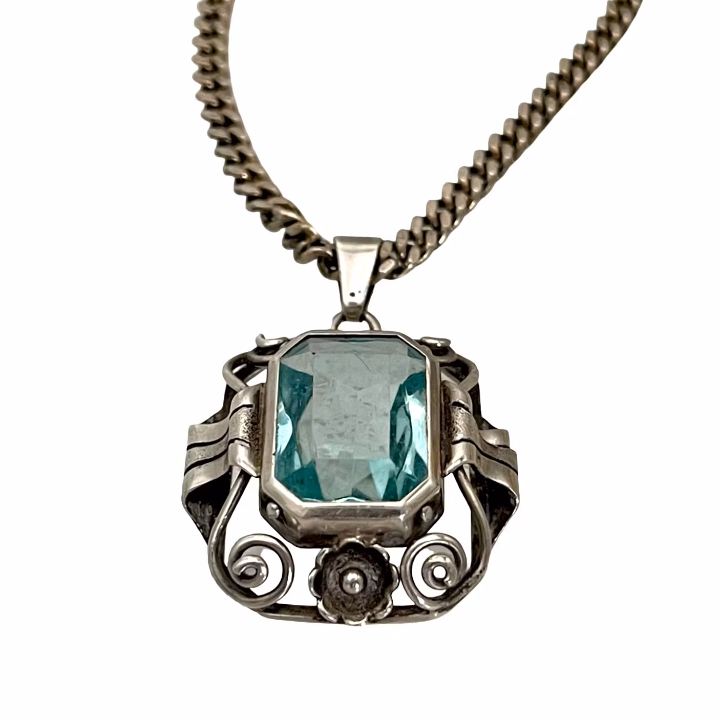 Naszyjnik vintage ze srebra próby 835 z niebieskim kamieniem, styl Art Deco