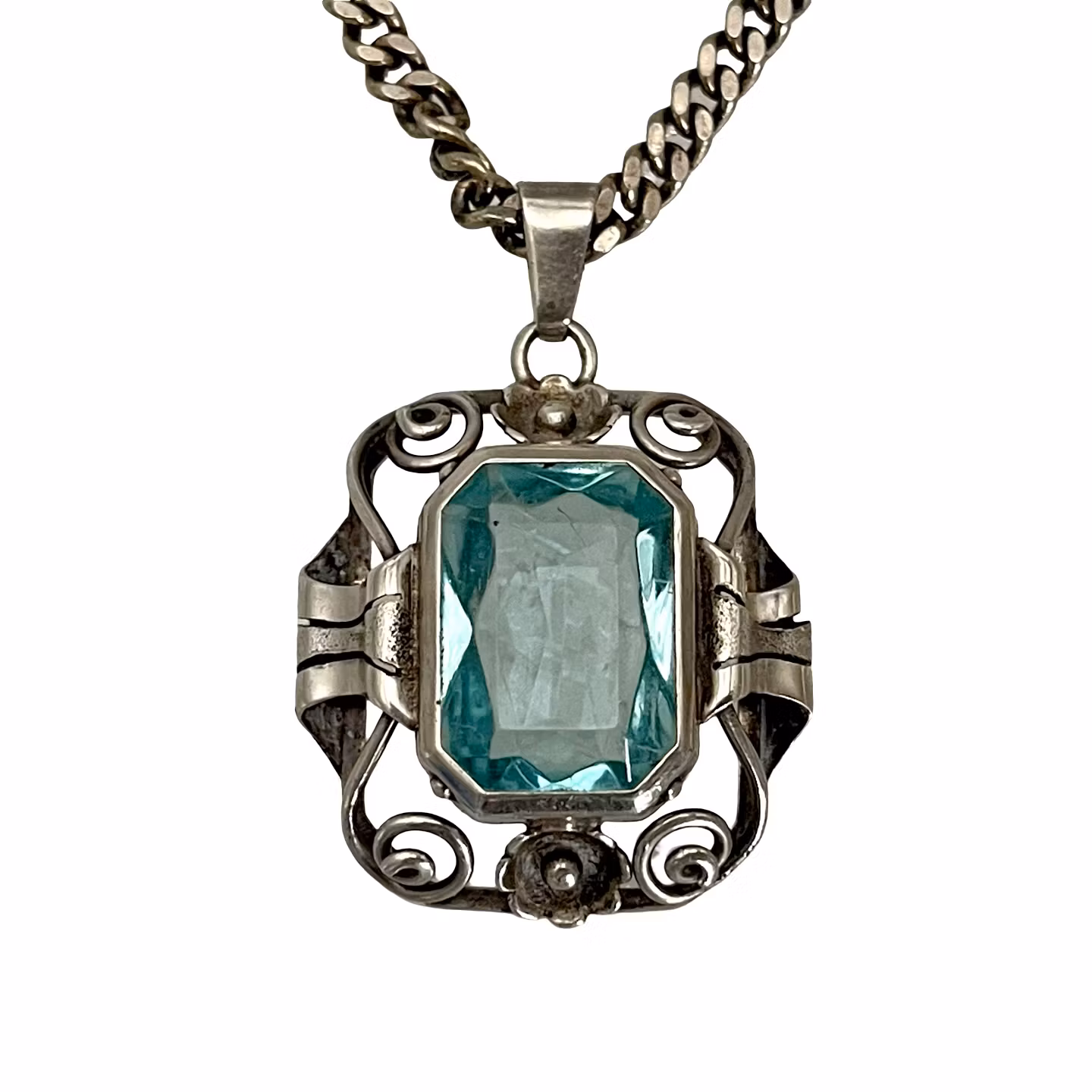 Naszyjnik vintage ze srebra próby 835 z niebieskim kamieniem, styl Art Deco