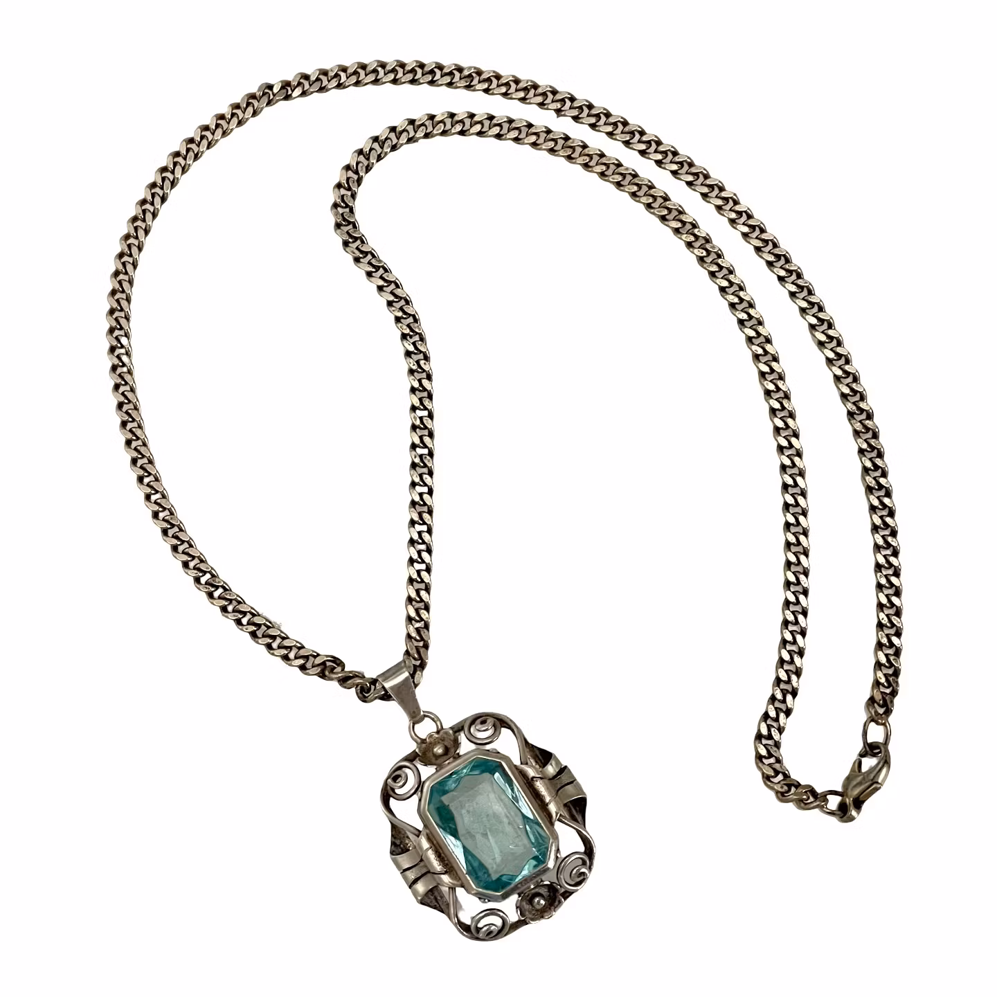 Naszyjnik vintage ze srebra próby 835 z niebieskim kamieniem, styl Art Deco