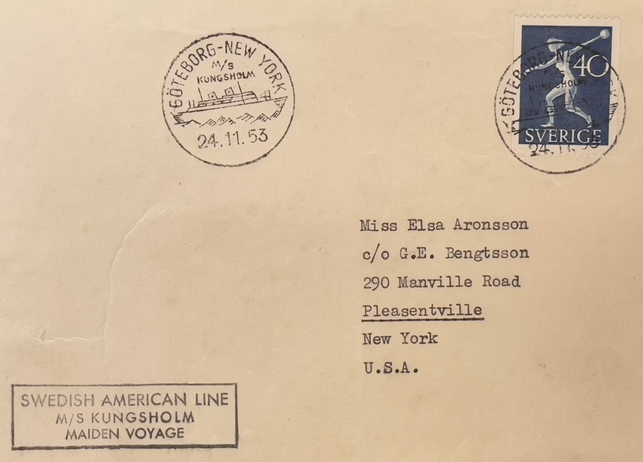 Vintage förstadagsbrev - M/S Kungsholm, Maiden Voyage 1953