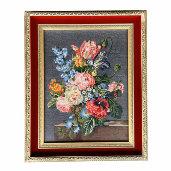 Vintage broderad tavla - Blombukett - Antireflexglas