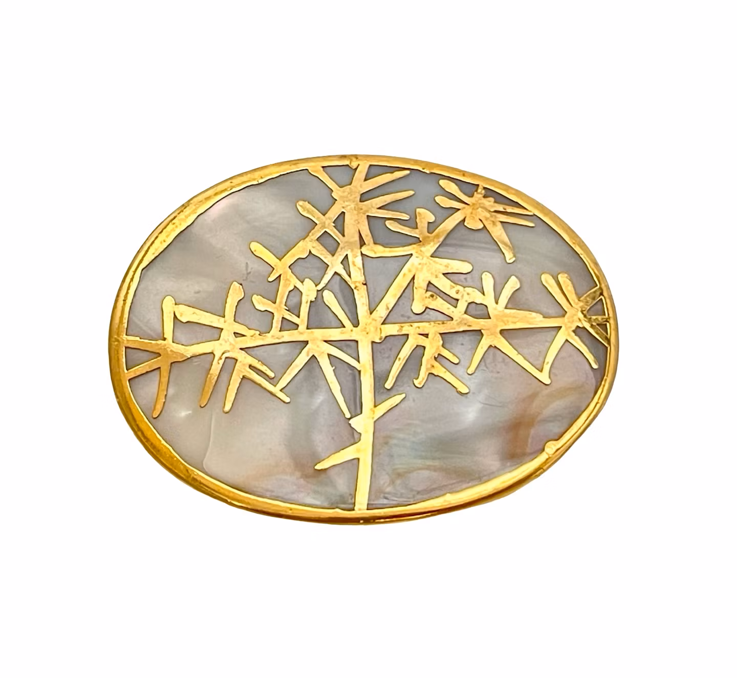 Vintage brosch - pärlemor & guldtonad metall - unik konstnärlig reliefdesign