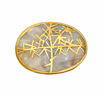 Vintage brosch - pärlemor & guldtonad metall - unik konstnärlig reliefdesign