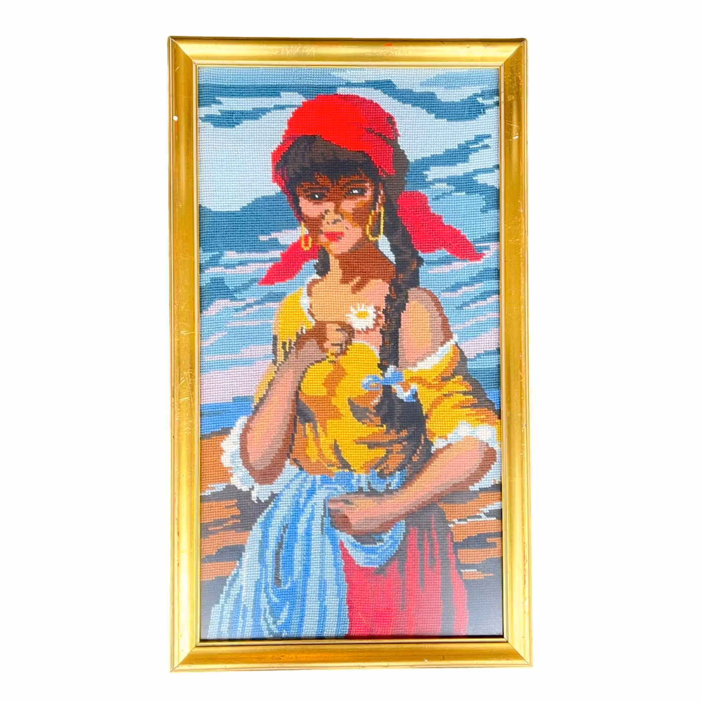 Två handgjorda broderade tavlor - Ramade - vackra motiv (Blue Boy & kvinna med blomma)