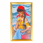 Två handgjorda broderade tavlor - Ramade - vackra motiv (Blue Boy & kvinna med blomma)