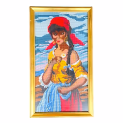 Två handgjorda broderade tavlor - Ramade - vackra motiv (Blue Boy & kvinna med blomma)