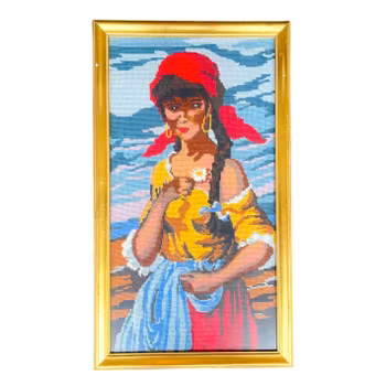 Två handgjorda broderade tavlor - Ramade - vackra motiv (Blue Boy & kvinna med blomma)