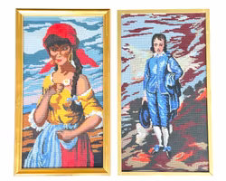 Två handgjorda broderade tavlor - Ramade - vackra motiv (Blue Boy & kvinna med blomma)
