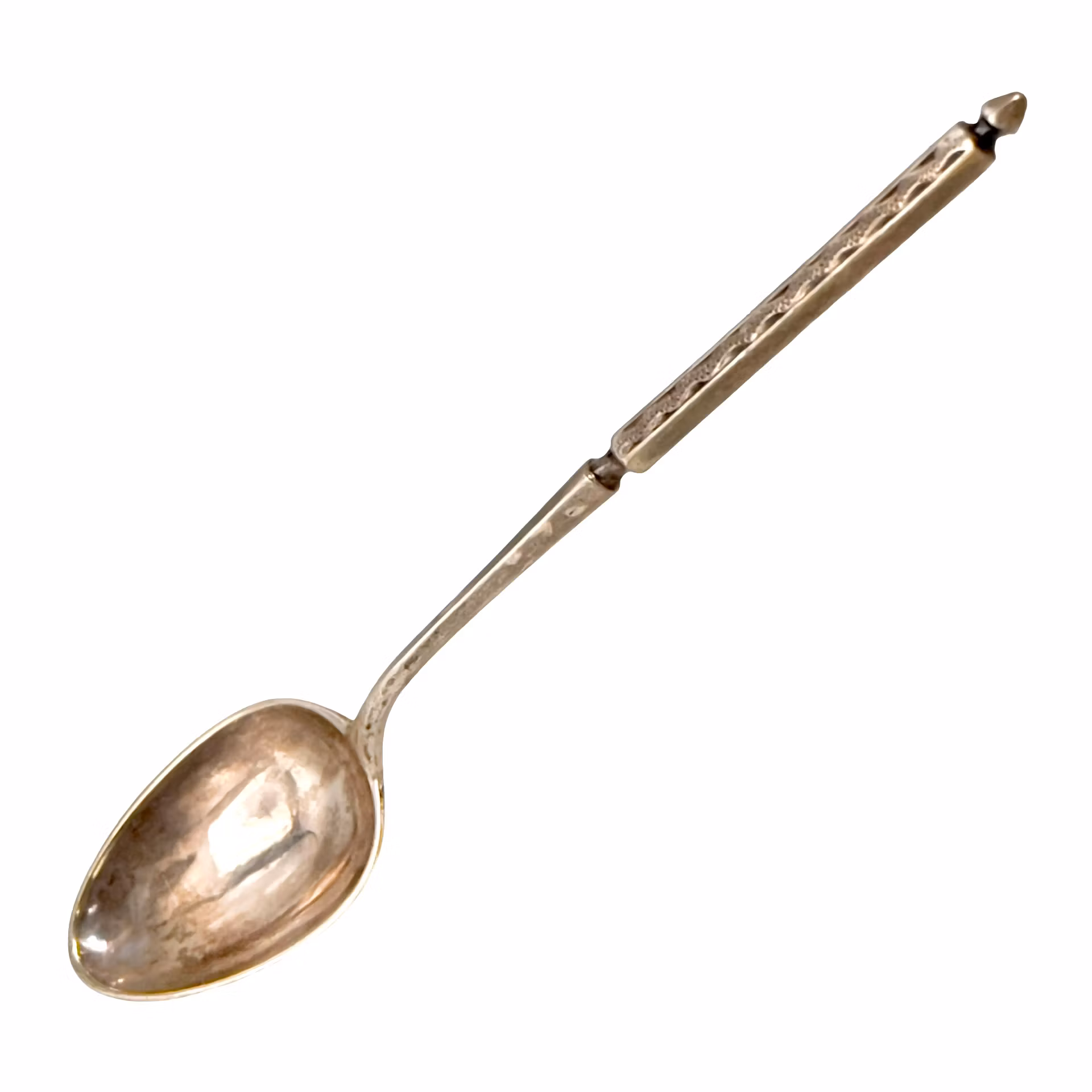 Antik dansk silversked med fyrkantigt, dekorerat skaft