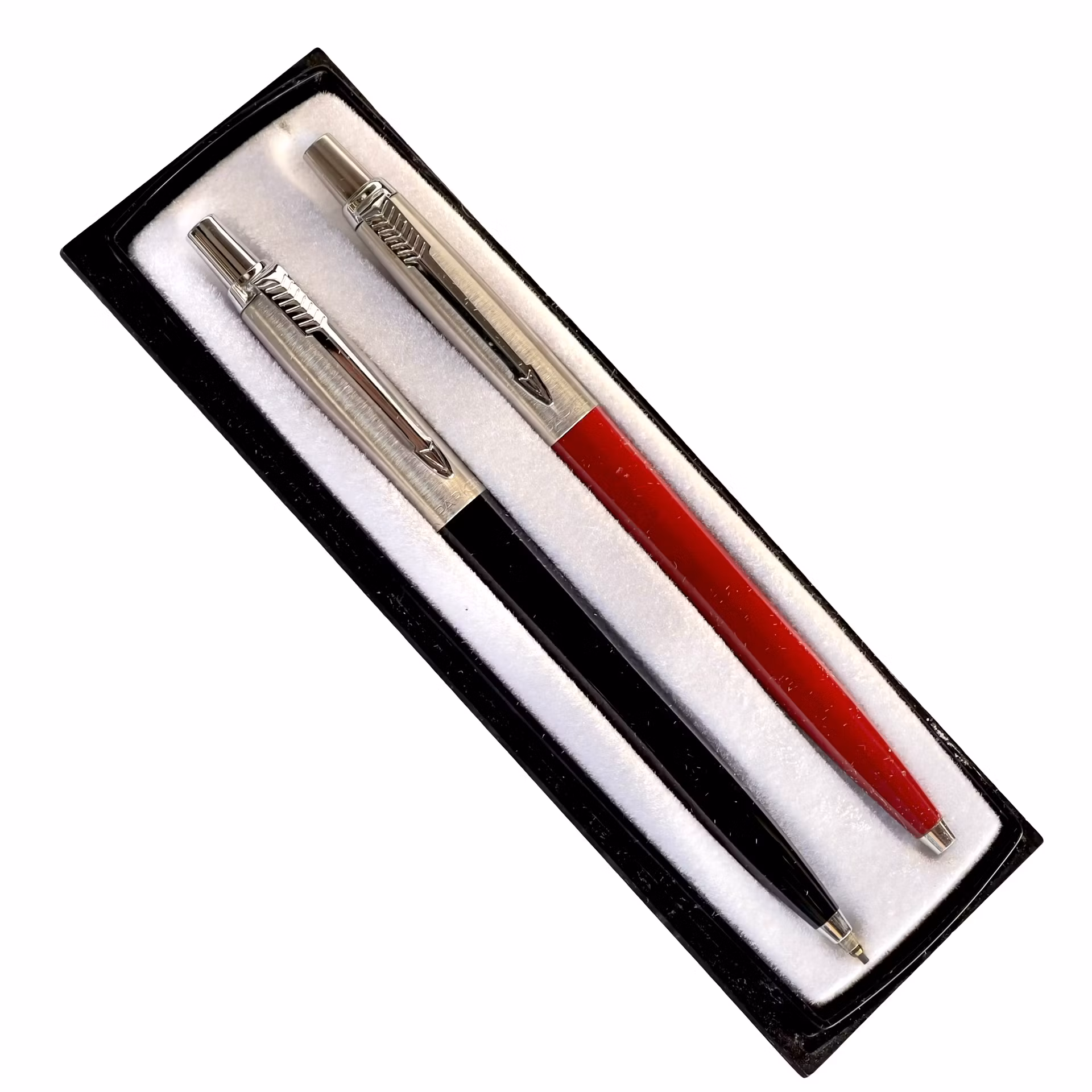 Två Parker kulspetspennor i originalask - svart & röd