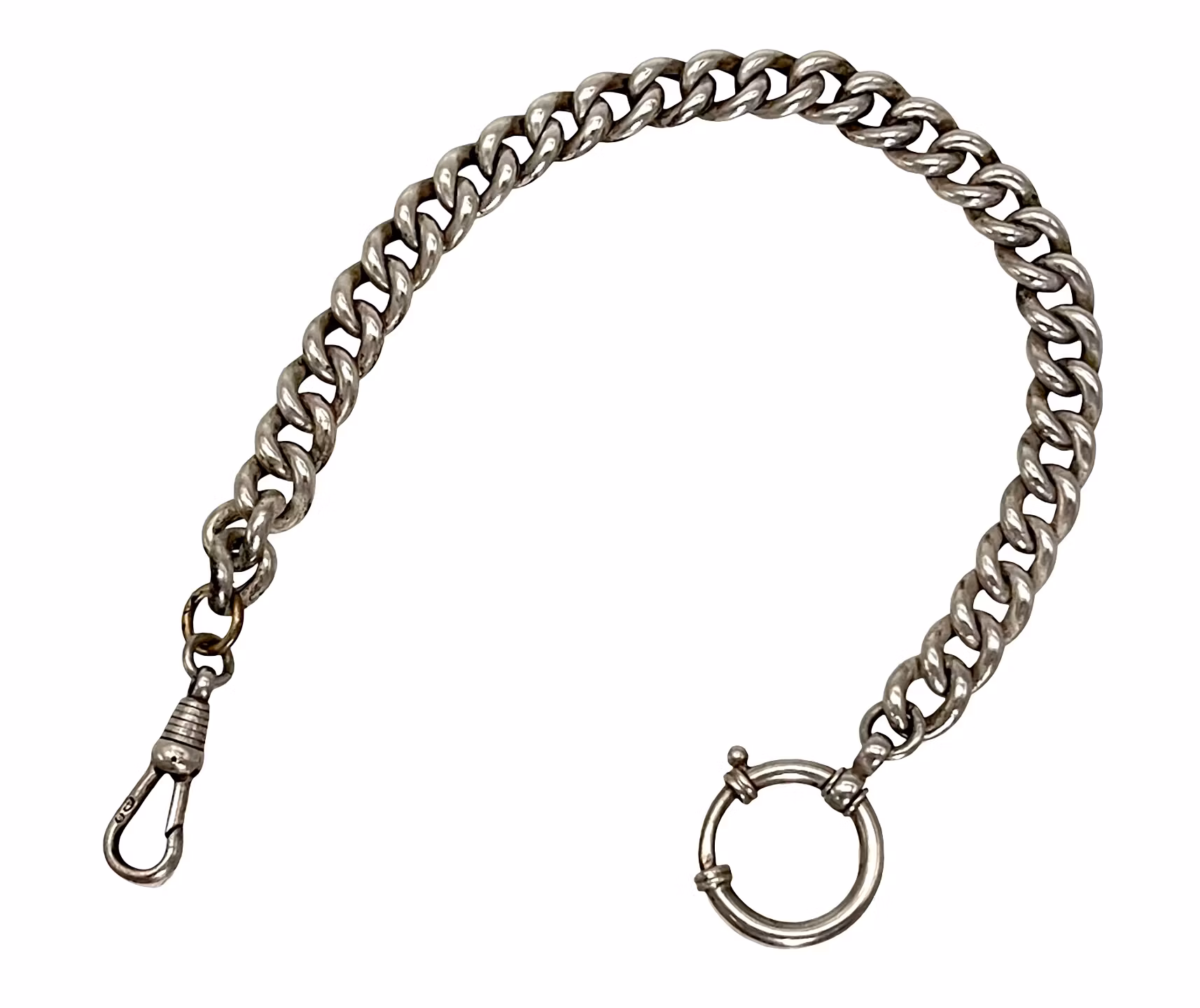 Antik fickurskedja i silver - stämplad, Modell med karbinhake och rund låsring