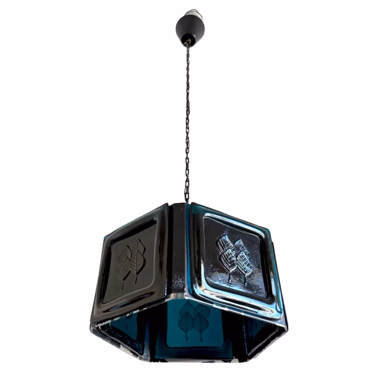 Vintage taklampa i blått strukturglas - sexkantig modell