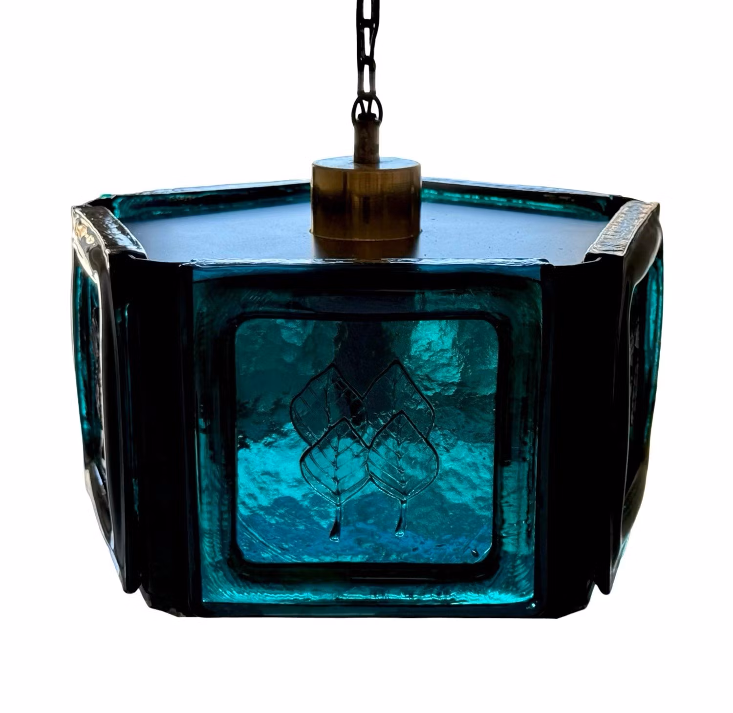 Vintage taklampa i blått strukturglas - sexkantig modell