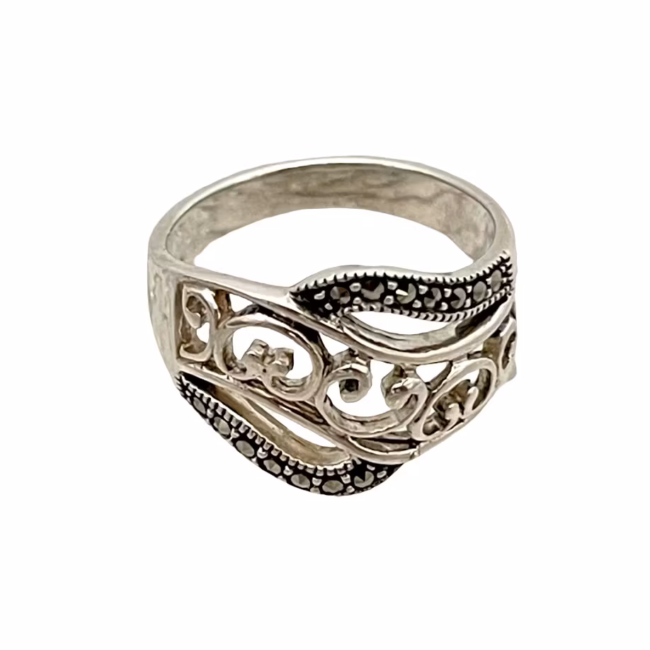 Vintage zilveren ring met markasiet - 925 Sterling Zilver - Elegant filigraan design