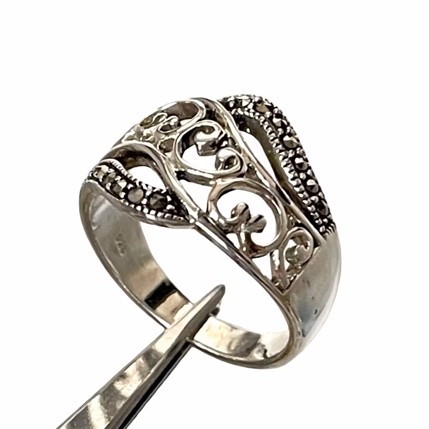 Vintage zilveren ring met markasiet - 925 Sterling Zilver - Elegant filigraan design