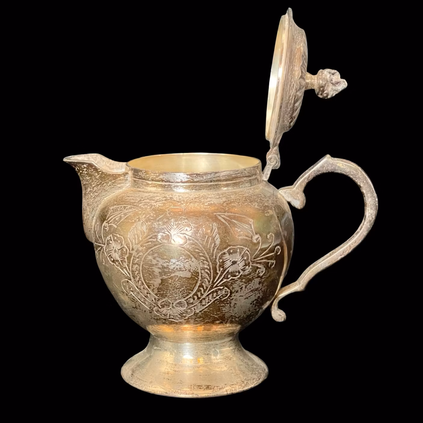 Juego de servir antiguo en alpaca - Decoración grabada a mano - Jarra, cuenco, bandeja y 6 tazas