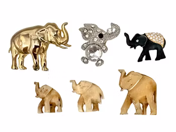 Kolekcja broszek w kształcie słonia – metal, kamień i rzeźbiona kość (zabytkowe)