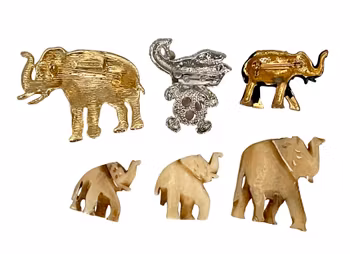 Kolekcja broszek w kształcie słonia – metal, kamień i rzeźbiona kość (zabytkowe)