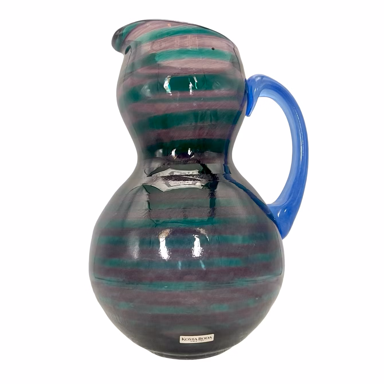 Gunnel Sahlin - Kosta Boda - Handblåst glaskanna, Randigt glas, Blått handtag
