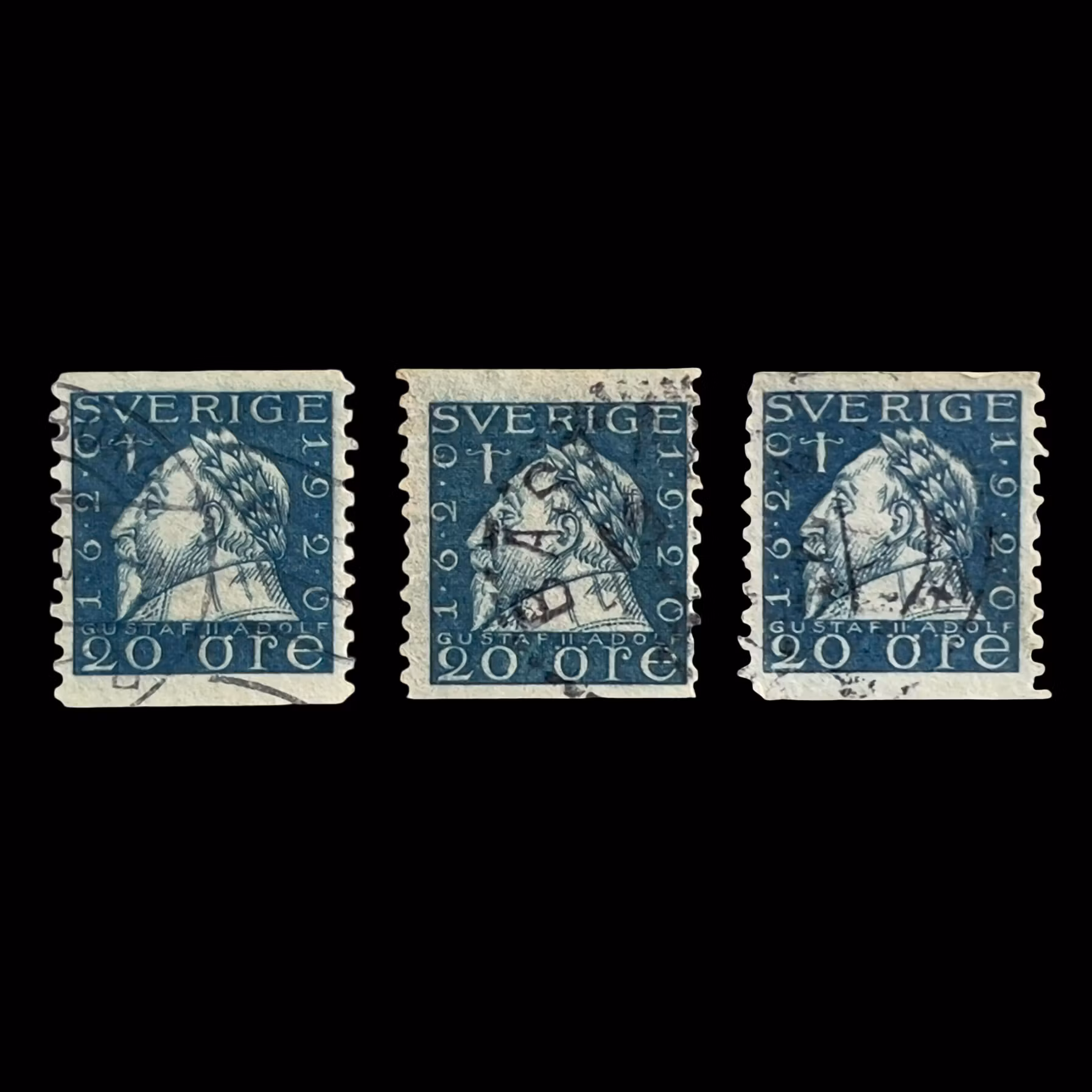 Zweden - Gustaf II Adolf 20 öre Klassieke Zweedse postzegels - 3 stuks - Afgestempeld