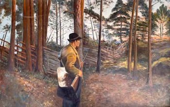 Oljemålning - Jägare i skog, Efter Bruno Liljefors - Signerad