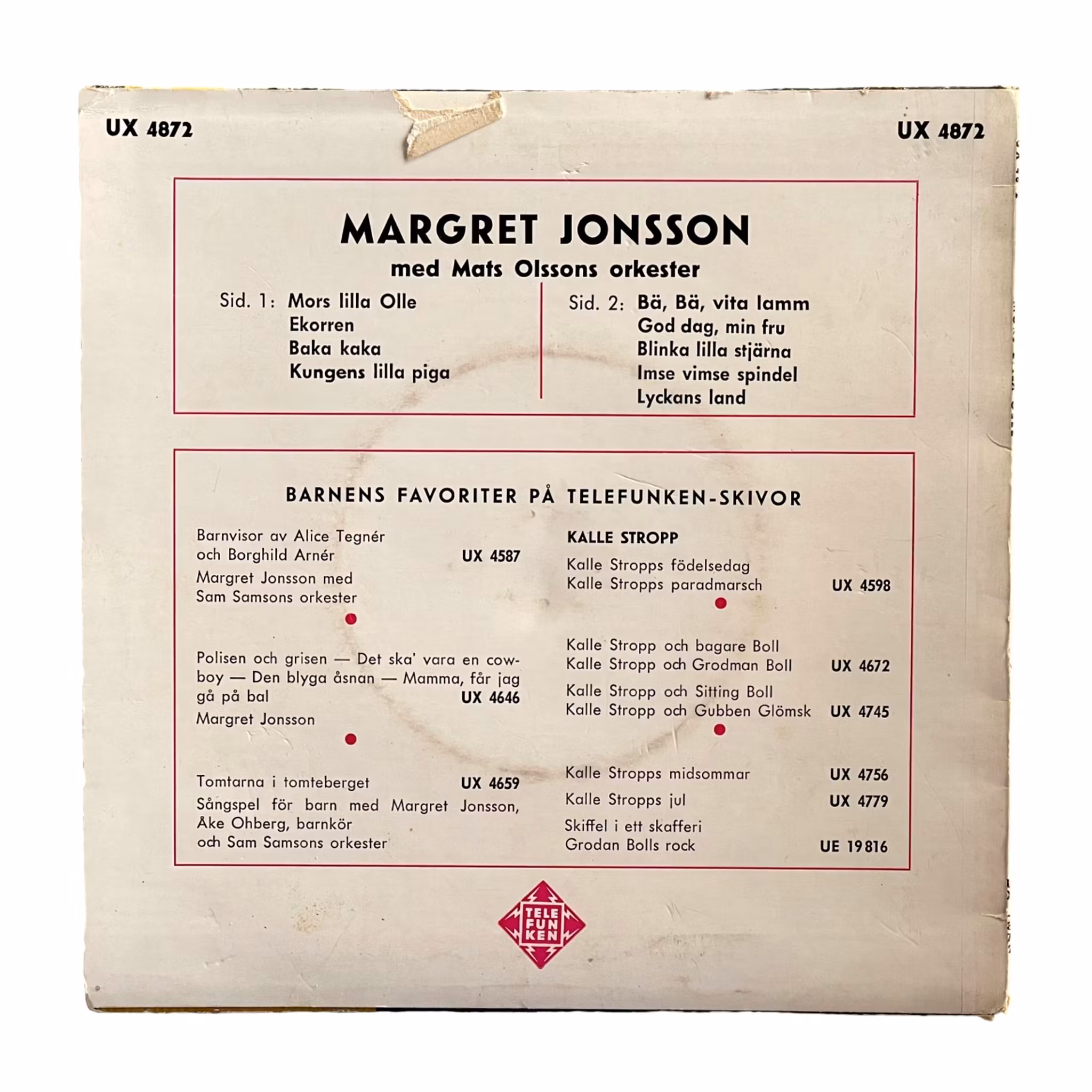 EP in vinile - Margret Jonsson - La piccola Olle della mamma e altre canzoni per bambini - Telefunken UX 4872