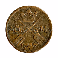 Antikk svensk mynt - 2 Øre SM - 1747 - Kobber
