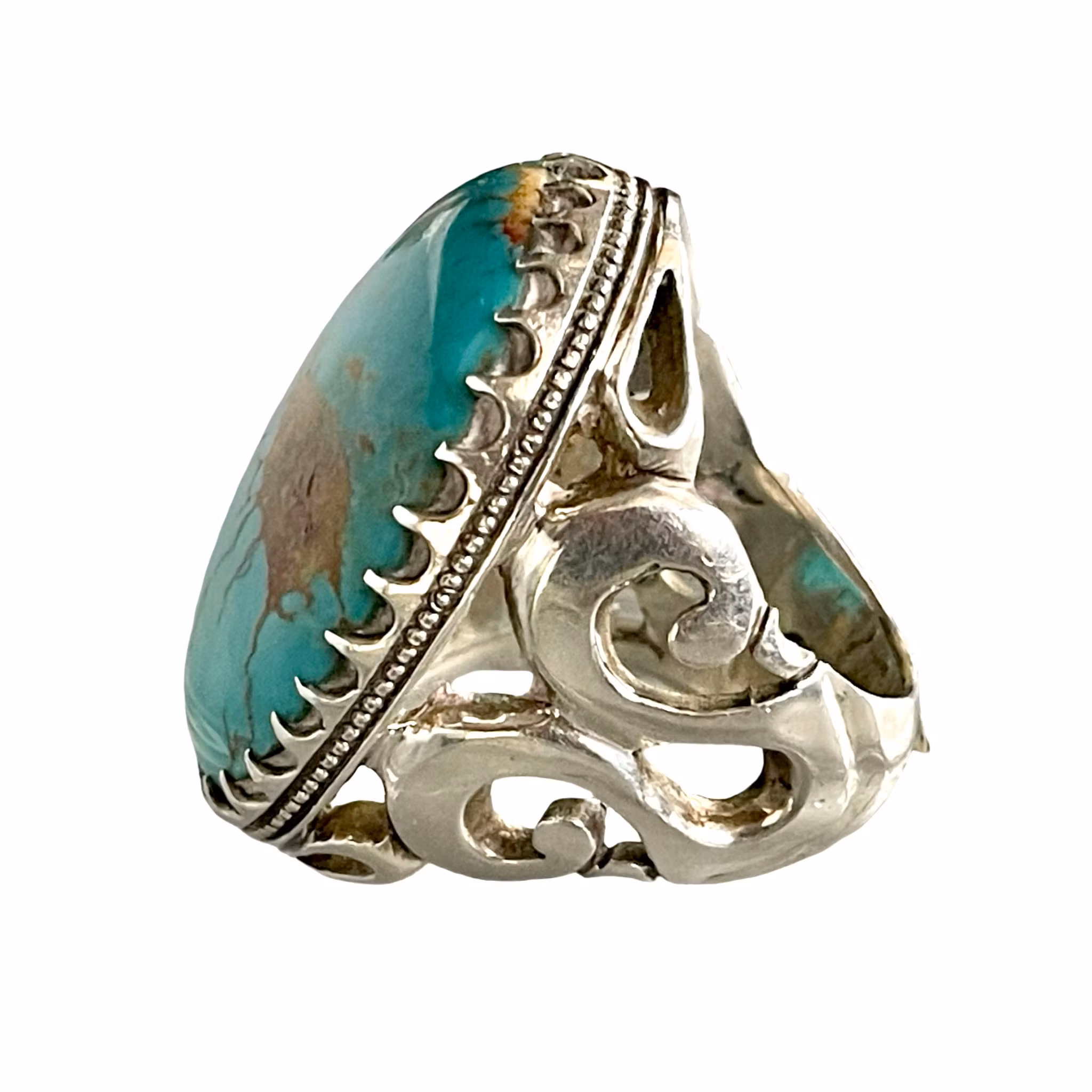 Pierścionek wykonany ręcznie w stylu vintage z naturalnym turkusem Nishapuri, ok. 110 ct, srebro próby 925, stemplowane