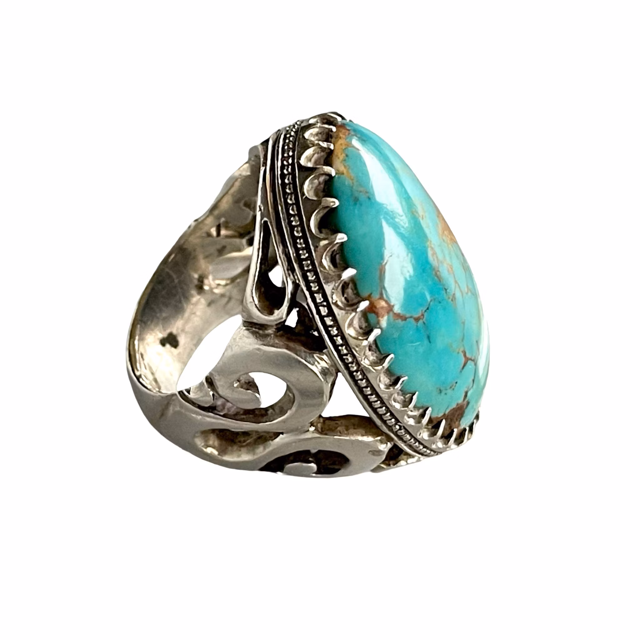Pierścionek wykonany ręcznie w stylu vintage z naturalnym turkusem Nishapuri, ok. 110 ct, srebro próby 925, stemplowane
