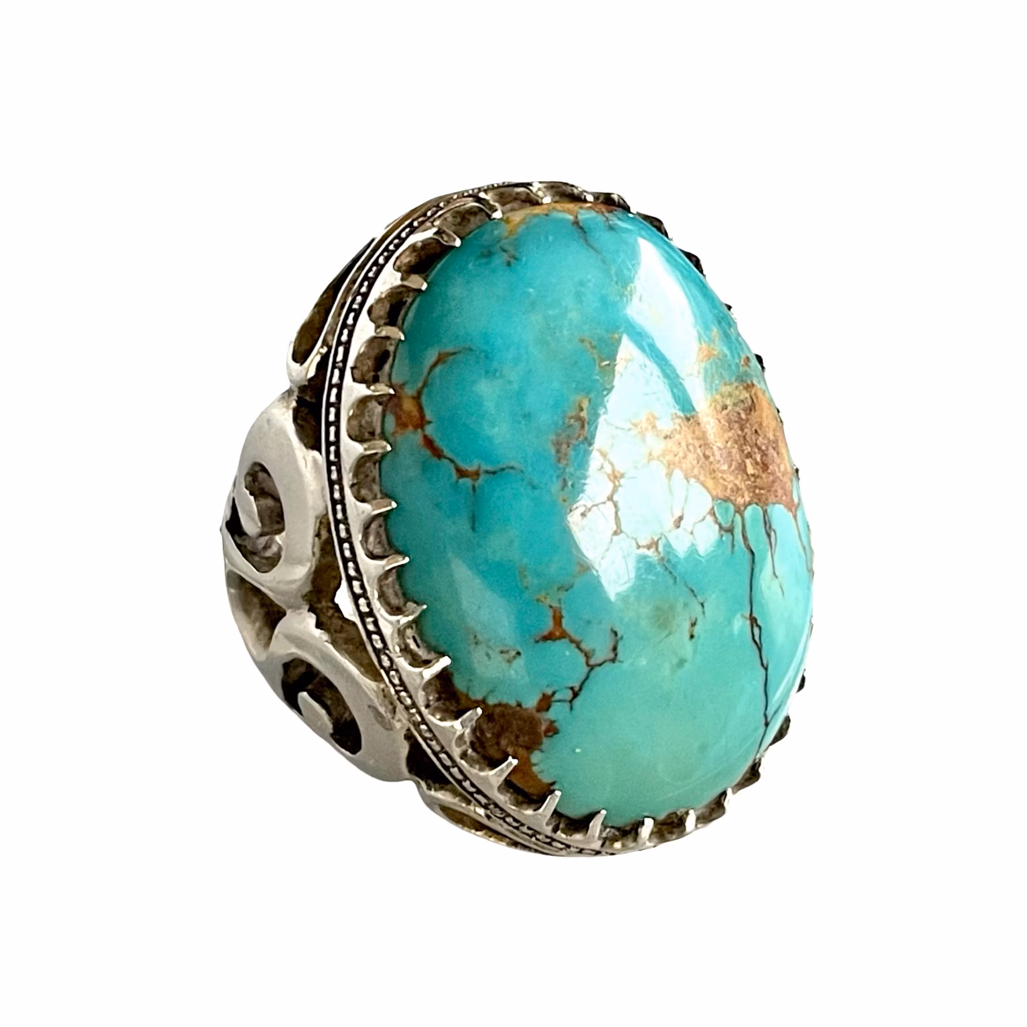 Pierścionek wykonany ręcznie w stylu vintage z naturalnym turkusem Nishapuri, ok. 110 ct, srebro próby 925, stemplowane