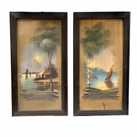 Par vintage väggtavlor / målningar i ram - Landskap & sjömotiv