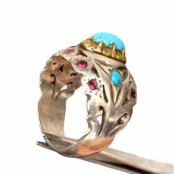Antik ring - Nishapuri turkos & Rubiner - Sterling silver