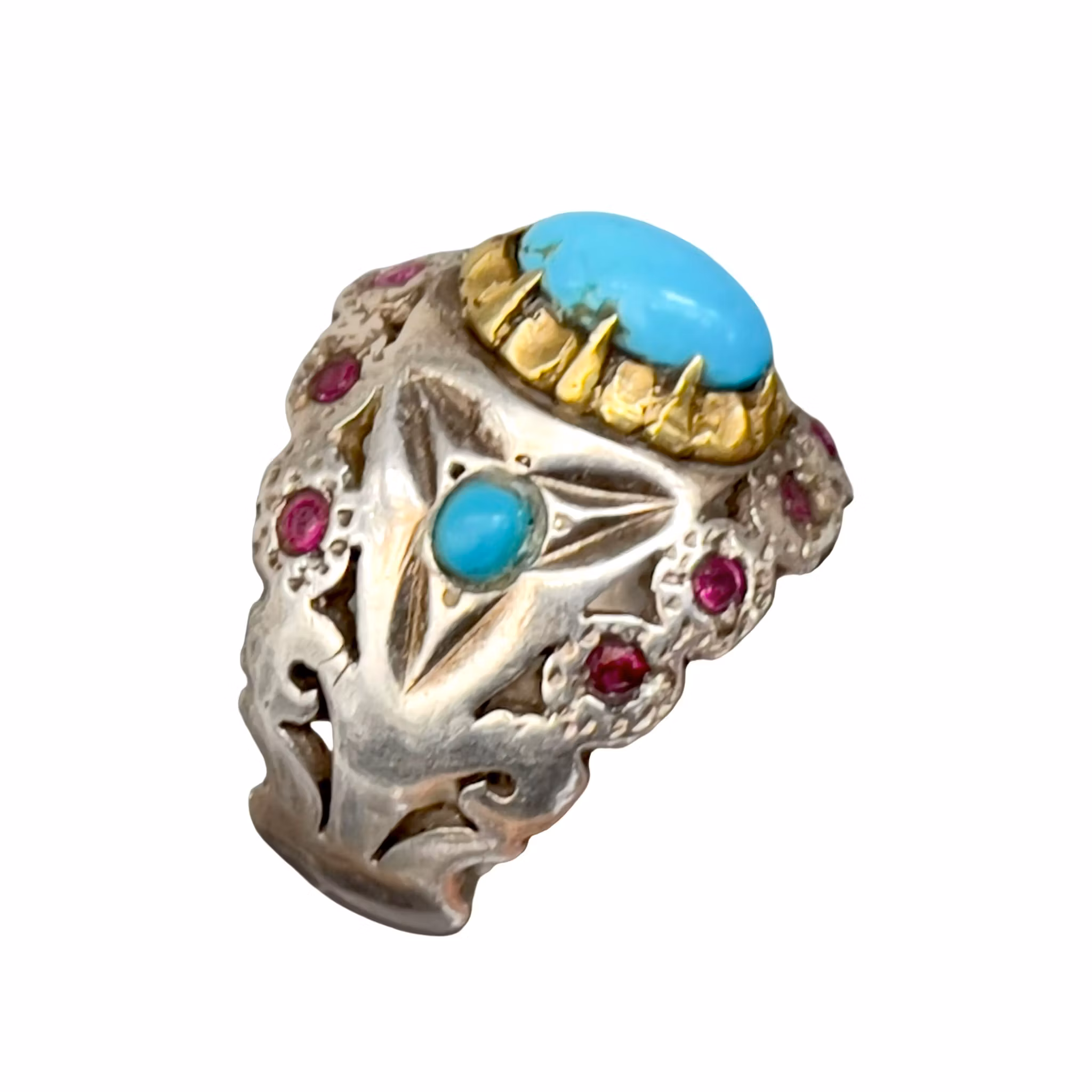 Antik ring - Nishapuri turkos & Rubiner - Sterling silver