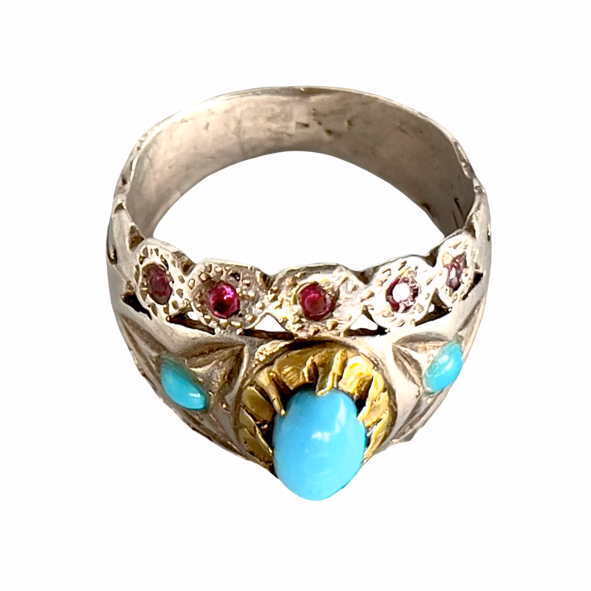 Antik ring - Nishapuri turkos & Rubiner - Sterling silver