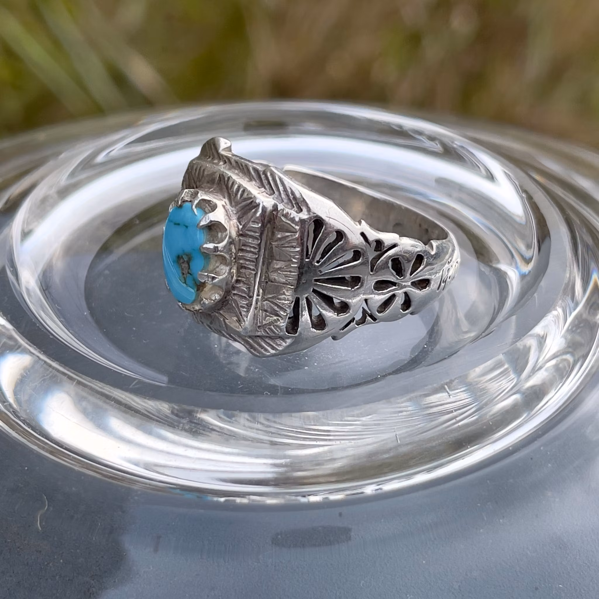 Vintage silverring med Nishapuri turkos - Handgraverad ring