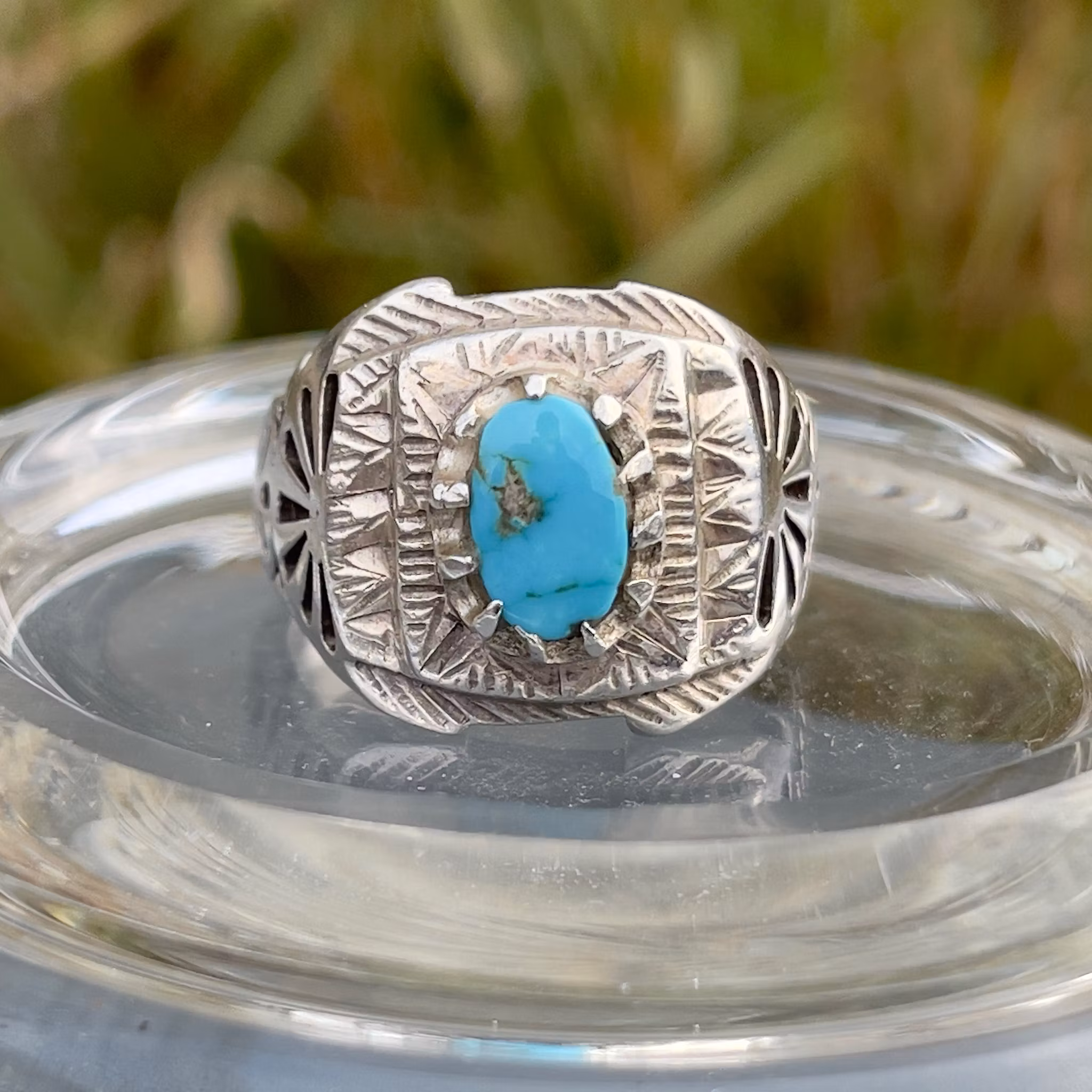 Vintage silverring med Nishapuri turkos - Handgraverad ring