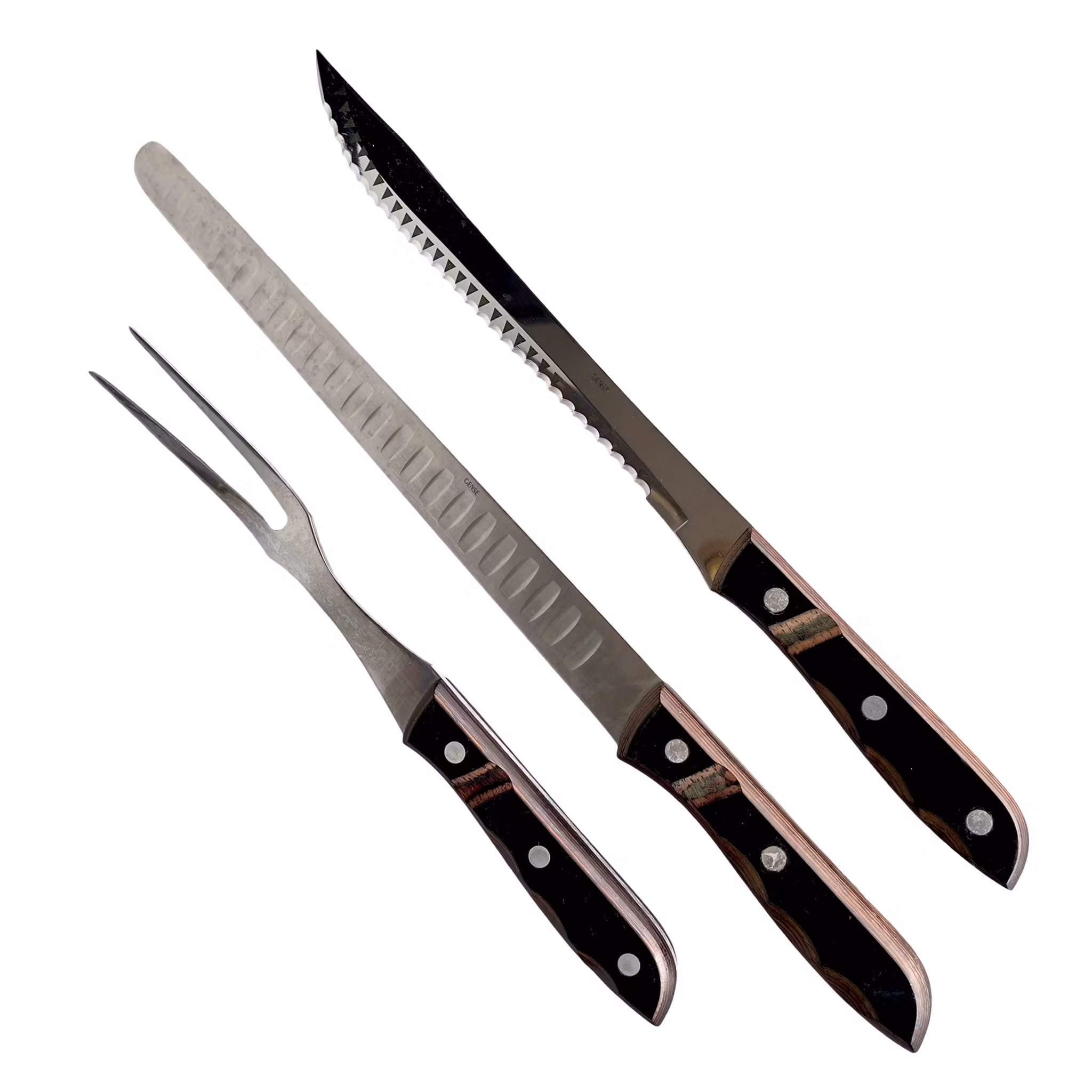 Gense grill och trancherset - 3 delar (trancherkniv, brödkniv och köttgaffel) - Rostfritt stål med trähandtag