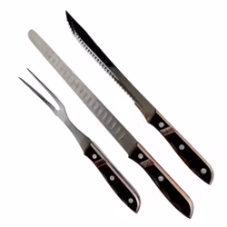 Gense grill og tranchersæt - 3 dele (trancherkniv, brødkniv og kødgaffel) - Rustfrit stål med træhåndtag