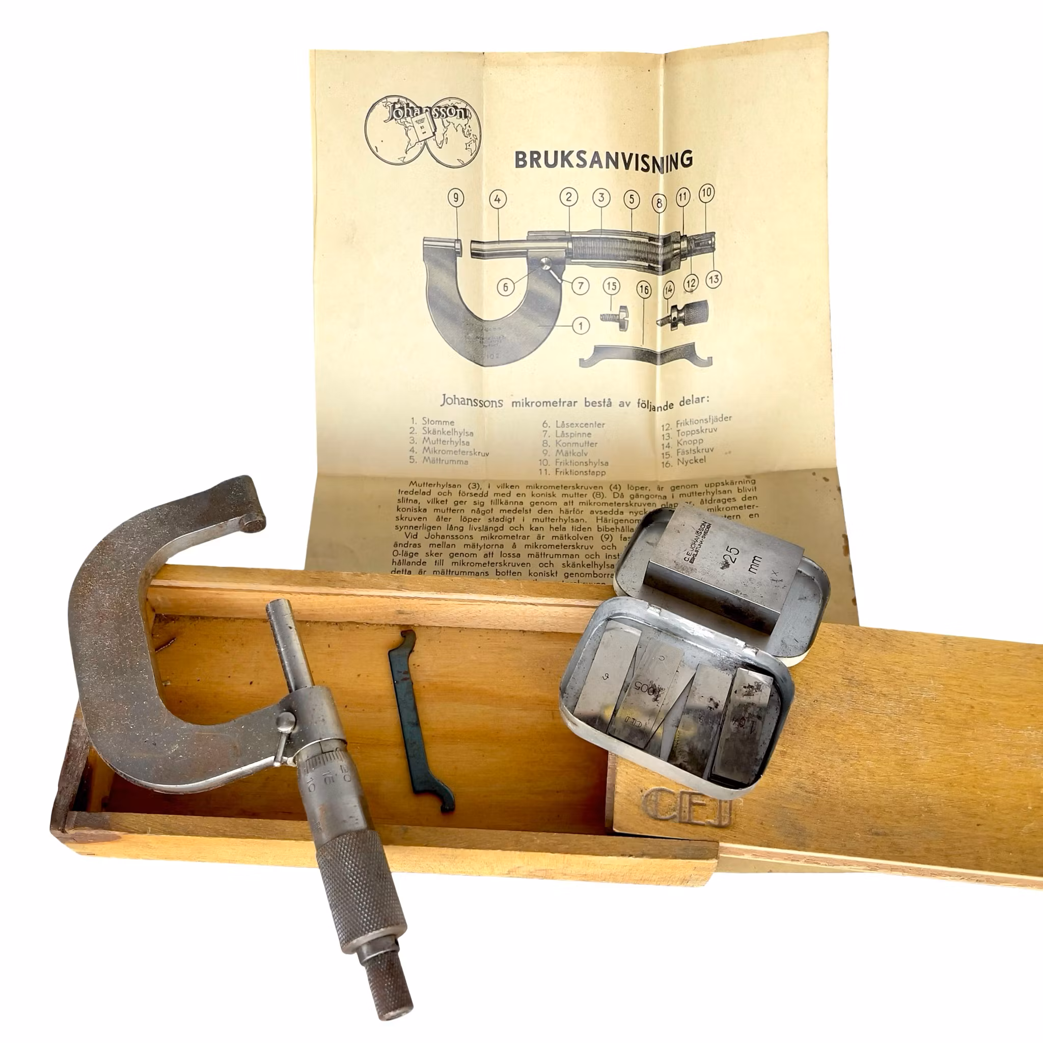 2 stuks vintage micrometers 0-25 mm - CE Johansson Eskilstuna Zweden - met houten doosjes