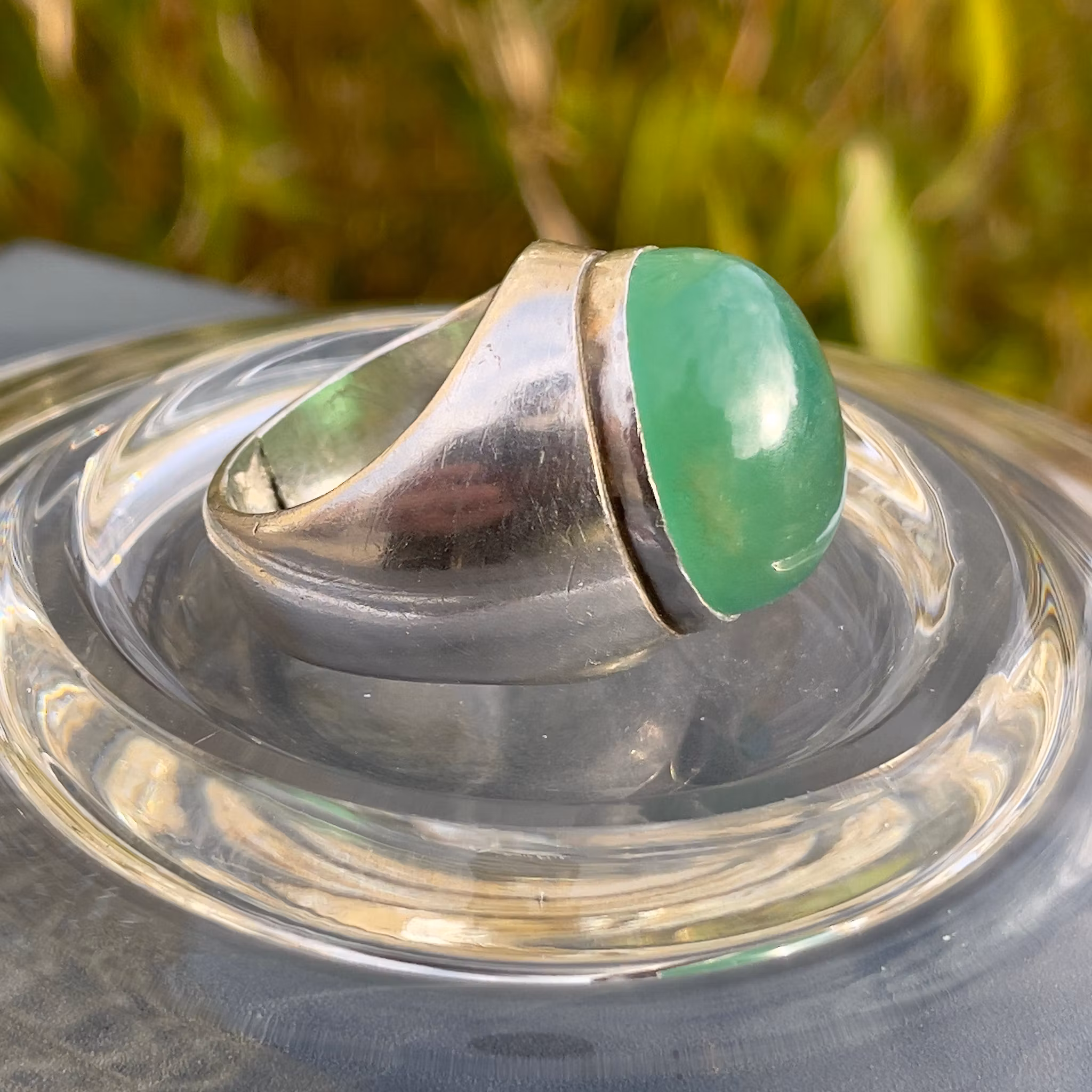 Vintage silverring med 26 ct stor grön sten - Cabochon slipad sten