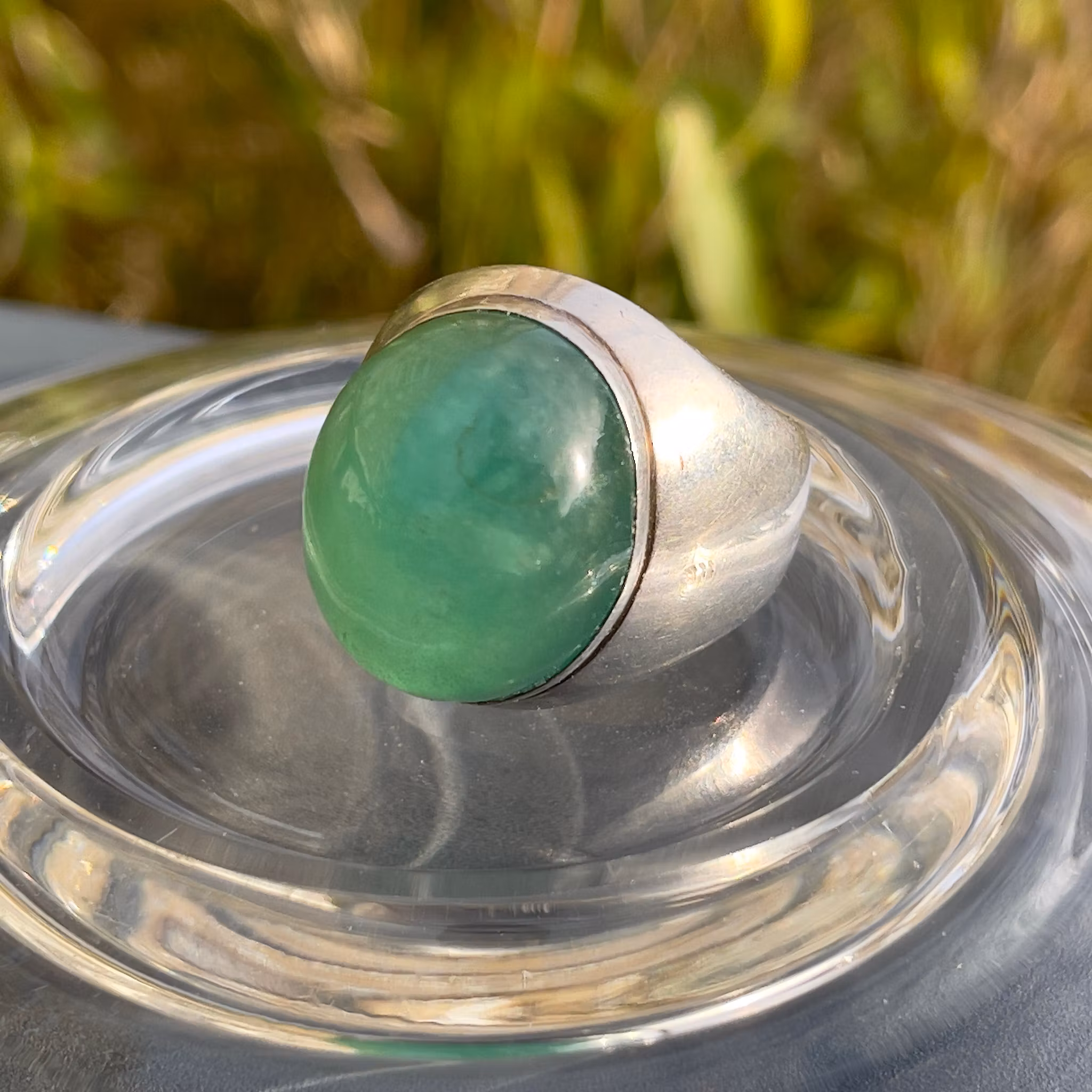 Vintage silverring med 26 ct stor grön sten - Cabochon slipad sten
