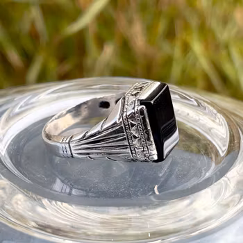 Anello Art Déco in argento sterling 925 con onice nera