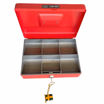 Kassabox i metall - SR Cash Box, Röd med lås och myntfack (Portabel säker förvaring)
